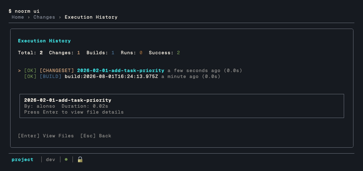 Change execution history, with per-change status and the identity that applied it