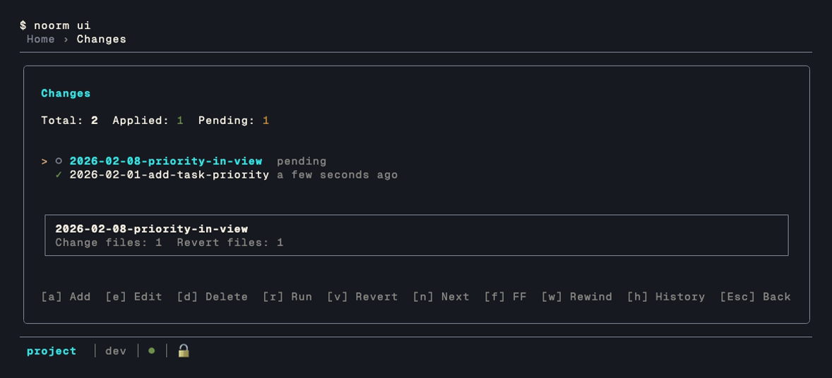 The changes list, showing applied and pending changes