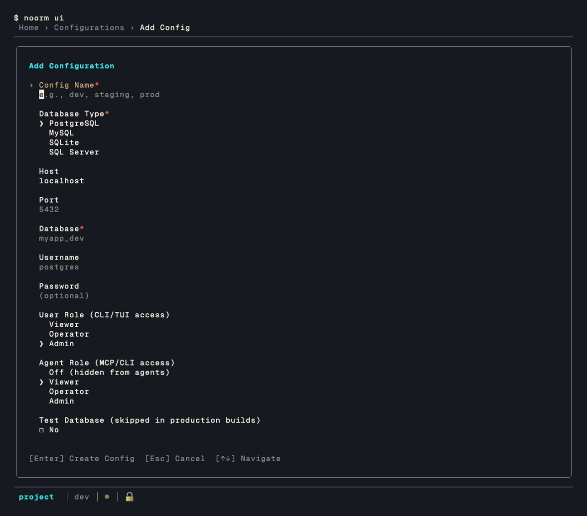 The add-config form: name, dialect, connection details, and per-channel access roles