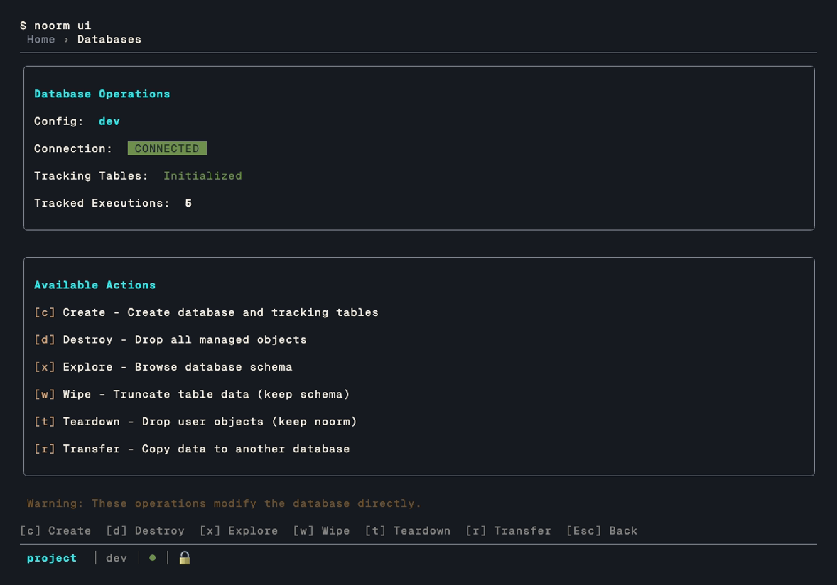 The database operations menu