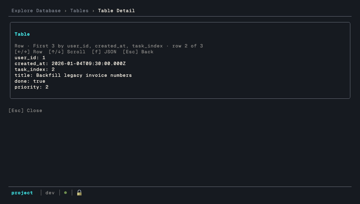 One row as a YAML document, with the keys to walk to the next