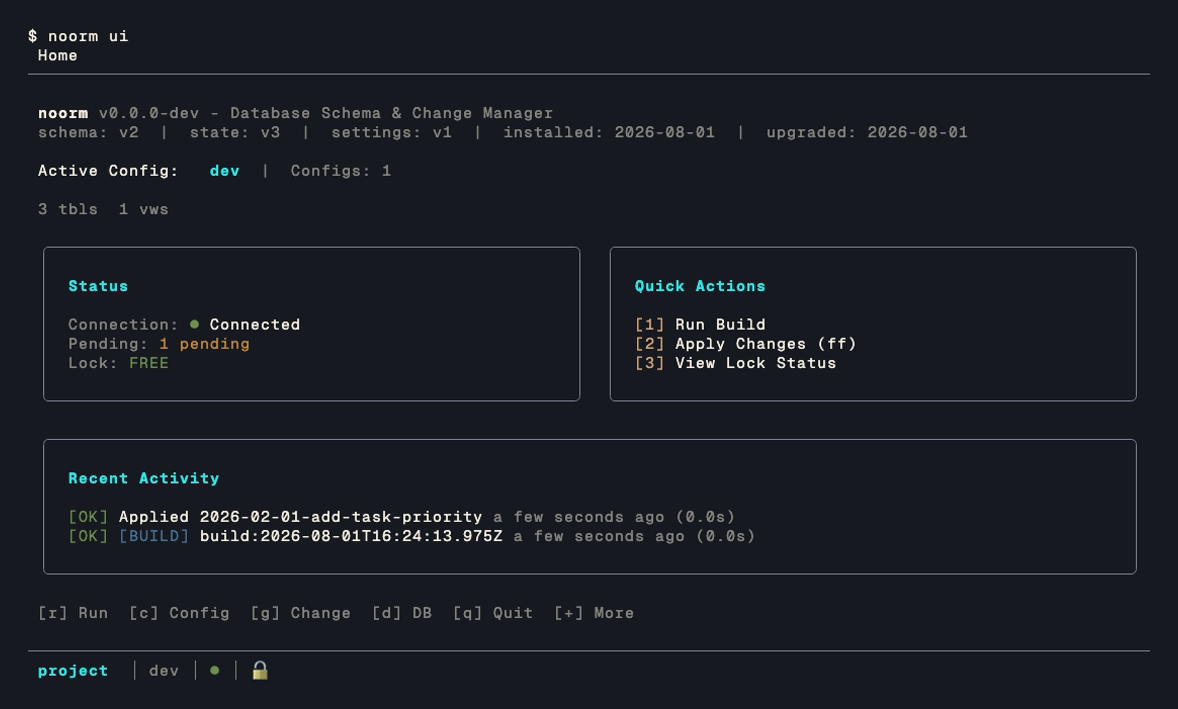 The noorm TUI home screen: status, quick actions, and recent activity