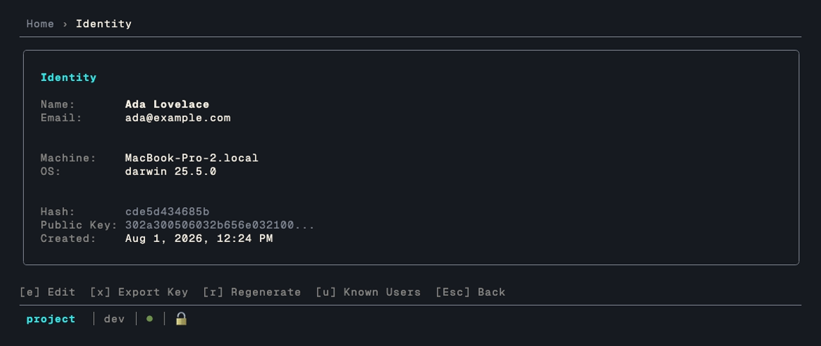 The identity screen, showing the current keypair and fingerprint