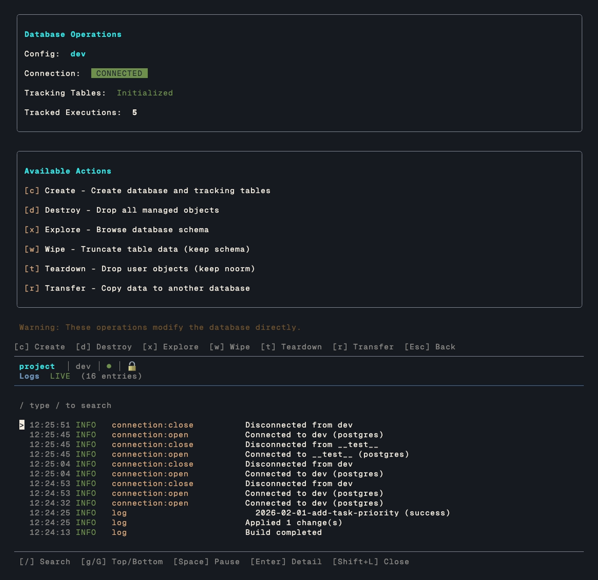 The log viewer overlay, opened with Shift+L