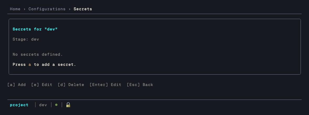 The secrets screen for a config