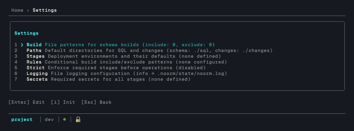 The settings screen, listing the seven setting groups